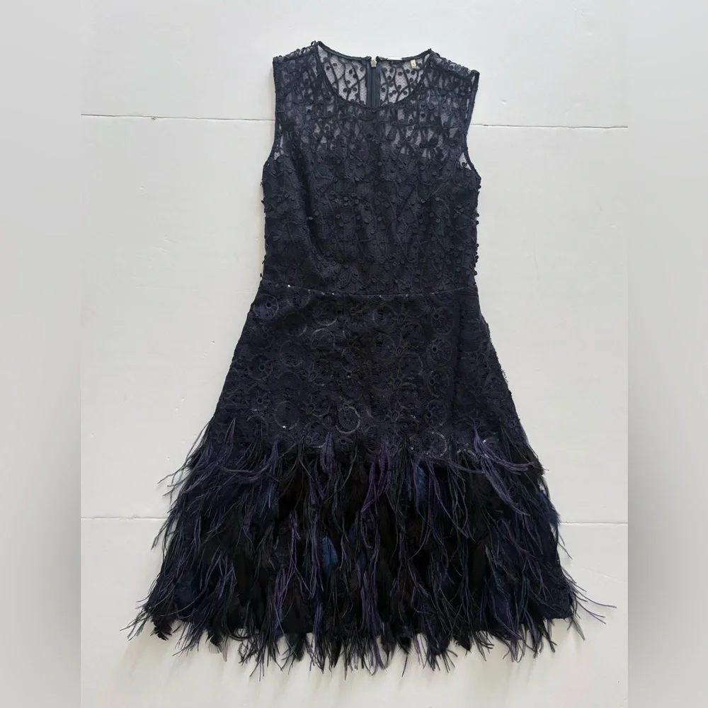Elie Tahari Annabelle Feather-Trimmed Embellished Gauze Dress Navy Blue 0 - Picture 4 of 9